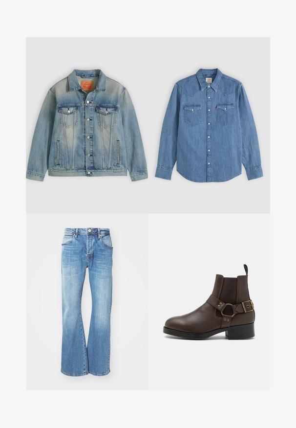 Hellblaue Jeansjacke mit Knopfleiste, zwei Brustklappentaschen und seitlichen Einschubtaschen, ausgestattet mit verwaschenem Waschungseffekt und klassischem Kragen.; Langärmliges blaues Jeanshemd mit spitzem Kragen, geknöpfter Vorderseite und zwei Brusttaschen mit Knopfklappen vor einfarbigem Hintergrund.; Helleblaue Denim-Jeans mit einem ausgestellten Design, das einen klassischen Fünf-Taschen-Stil, einen Reißverschluss und kontrastierende Nähte entlang der Nähte aufweist.; Steve Madden ANTONN - Cowboy-/Bikerstiefelette - dark brown