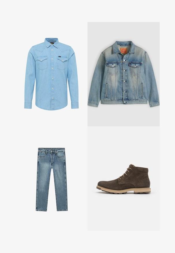 Lyseblå denimjakke med knaplukning foran, to brystlommer med klap og sidelommer med slidser, med falmet vask og klassisk krave.; Lyseblå denimskjorte med lange ærmer, knaplukning, to brystlommer med knapper, spids krave og lille Lee-logo på venstre lomme.; Lyseblå denimjeans med lige ben, fem lommer, synlige syninger og lynlås med knaplukning.; Brune ruskind ankelstøvler med rund tå, lysebrune såler og beige snørebånd. Har en tekstureret overdel og en let, robust sål.