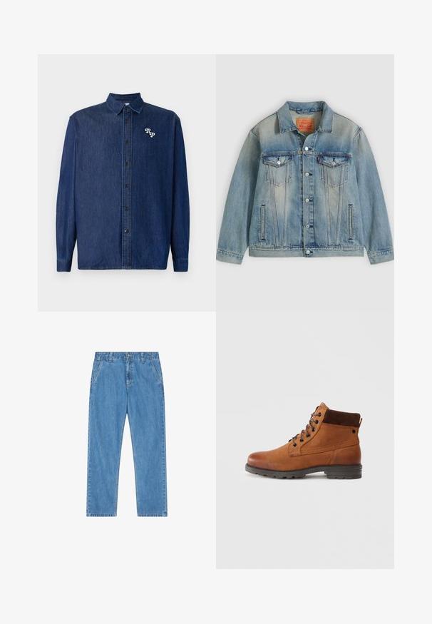 Lyseblå denimjakke med knaplukning foran, to brystlommer med klap og sidelommer med slidser, med falmet vask og klassisk krave.; Mørkeblå denimskjorte med knappelukning foran, lange ærmer og spids krave. Har en hvid broderet "RP"-logo.; Straight-leg blå denim jeans med forlommer, bæltestropper og knaplukning i taljen på hvid baggrund.; Brune læder ankelstøvle med ruskindsdetaljer, rund tå, snørebånddesign og en sort gummisål. Har syninger på siden.