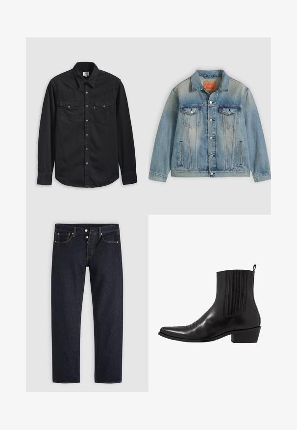 Veste en denim bleu clair avec fermeture bouton, deux poches à rabat sur la poitrine et poches latérales fendues, présentant un délavage et un col classique.; Chemise en denim noir avec col boutonné, deux poches poitrine et un col pointu avec des détails de couture visibles.; Jean droit bleu foncé avec braguette à boutons, poches avant et arrière, et détails en rivets de cuivre sur un fond gris clair.; Bottine noire en cuir avec un bout pointu, des panneaux latéraux élastiques, des accents de coutures verticales et un petit talon bloc.