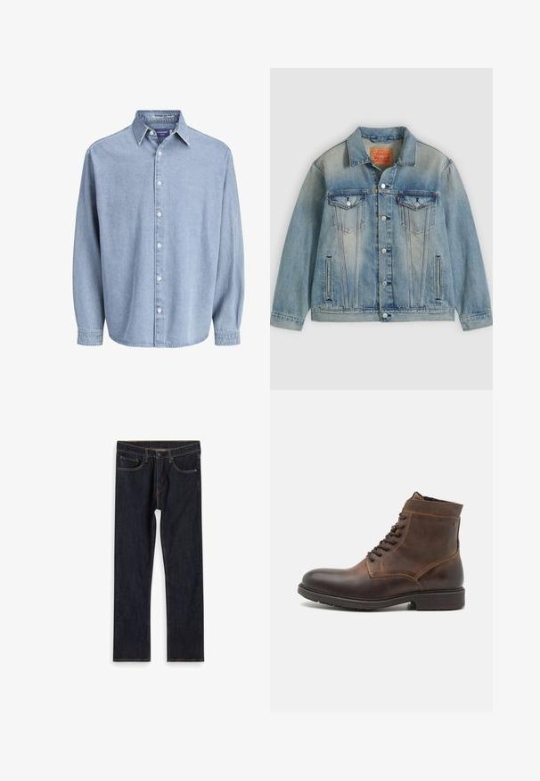 Lichtblauwe spijkerjasje met knopen aan de voorkant, twee borstflappzakken en zijzakken met split, voorzien van een vervaagde wassing en een klassieke kraag.; Lichtblauwe denim lange mouw knoophemd met kraag en witte knopen, weergegeven tegen een effen witte achtergrond.; Donkerblauwe recht gesneden denim jeans met voorkruiken, riemlussen en contrasterende oranje stiksels, plat gelegd op een witte achtergrond.; Jack & Jones JFWDELANEY BOOT - Veterboots - cognac