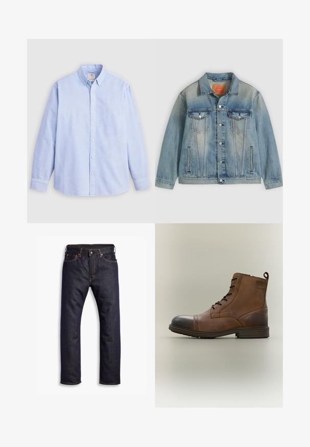 Veste en denim bleu clair avec fermeture bouton, deux poches à rabat sur la poitrine et poches latérales fendues, présentant un délavage et un col classique.; Chemise à manches longues bleu clair, en coton, avec un col classique et une broderie de marque discrète sur la poitrine gauche.; Jeans en denim bleu foncé à jambe droite avec cinq poches et des coutures en contraste orange, posés à plat sur un fond blanc.; Botte cheville en cuir marron à lacets avec bout noir, semelle ronde et détail de marque sur le côté sur fond uni.
