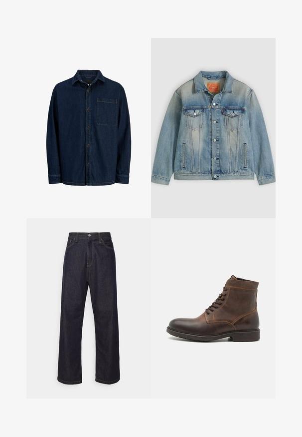 Lyseblå denimjakke med knaplukning foran, to brystlommer med klap og sidelommer med slidser, med falmet vask og klassisk krave.; Mørk denim skjorte med lange ærmer, spids krave og brystlomme. Har brune knapper og gule syninger som detaljer.; Mørkeblå lige ben denim jeans med gul syning, frontknap, lynlås og fem-lommer design.; Jack & Jones JFWDELANEY BOOT - Snørestøvletter - cognac