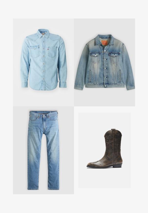 Lyseblå denimjakke med knaplukning foran, to brystlommer med klap og sidelommer med slidser, med falmet vask og klassisk krave.; Lys blå denim skjorte med lange ærmer, spids krave, to brystlommer, sølvnapsknapper og kontrastsyninger. Glat tekstur.; Lyseblå denimjeans med lige ben, orange syninger, fem lommer og knaplukning.; Brune læder cowboystøvle med en høj skaft, spids tå, intrikate syning mønstre og en lille hæl. Struktureret finish hele vejen igennem.