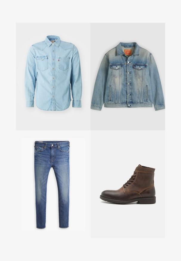 Veste en denim bleu clair avec fermeture bouton, deux poches à rabat sur la poitrine et poches latérales fendues, présentant un délavage et un col classique.; Chemise en denim bleu clair à manches longues avec un col pointu, deux poches poitrine, des boutons-pression argentés et des coutures contrastées. Texture lisse.; Jean en denim bleu à coupe slim. Comprend cinq poches, une fermeture éclair et des coutures contrastantes sur l'ensemble. Texture lisse.; Jack & Jones JFWDELANEY BOOT - Bottines à lacets - cognac