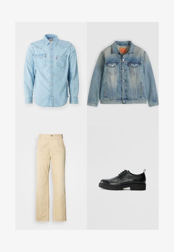 Lyseblå denimjakke med knaplukning foran, to brystlommer med klap og sidelommer med slidser, med falmet vask og klassisk krave.; Lys blå denim skjorte med lange ærmer, spids krave, to brystlommer, sølvnapsknapper og kontrastsyninger. Glat tekstur.; Khaki bukser med vide ben lavet af blød bomuld, med enkelt knaplukning, frontlommer og synlige stikninger langs sømmene.; Sort læder sko med en rund tå, der har snørelukning, solid sort gummisål og en lille hælflap bagpå.