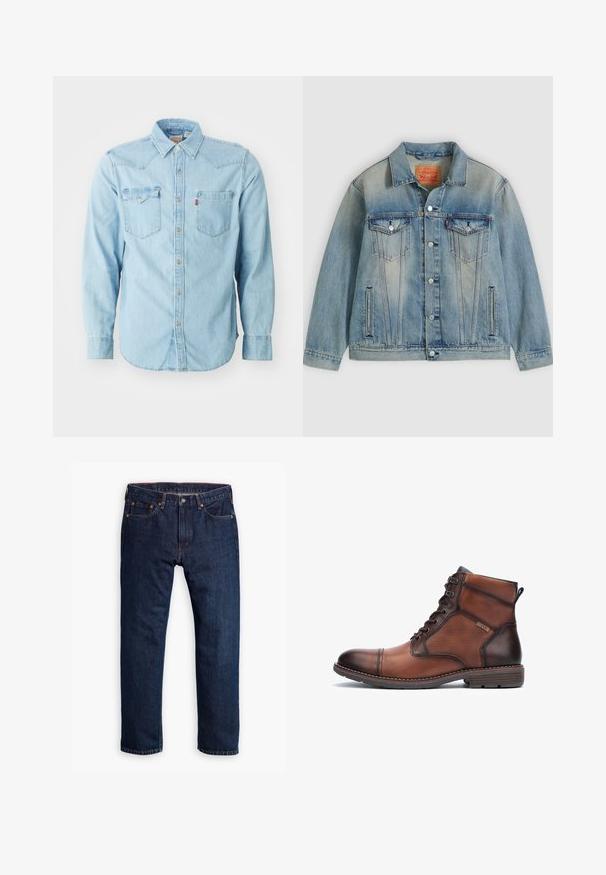 Veste en denim bleu clair avec fermeture bouton, deux poches à rabat sur la poitrine et poches latérales fendues, présentant un délavage et un col classique.; Chemise en denim bleu clair à manches longues avec un col pointu, deux poches poitrine, des boutons-pression argentés et des coutures contrastées. Texture lisse.; Personne portant un jean droit bleu foncé, des baskets blanches et un sweat-shirt vert olive, les mains dans les poches, debout devant un fond gris.; Bottines pour hommes en cuir marron et tissu avec lacets, détails de couture, talon bas et logo de la marque sur le côté.