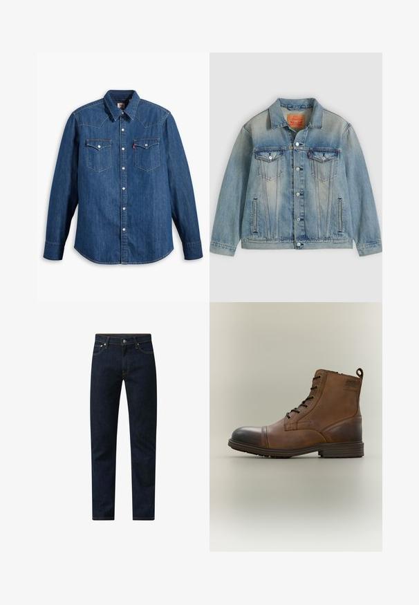 Hellblaue Jeansjacke mit Knopfleiste, zwei Brustklappentaschen und seitlichen Einschubtaschen, ausgestattet mit verwaschenem Waschungseffekt und klassischem Kragen.; Dunkelblaue Jeanshemd mit langen Ärmeln, spitzem Kragen und Druckknöpfen. Verfügt über zwei Brusttaschen mit Klappen und kontrastierenden Nähten.; Dunkelblaue Denim-Jeans mit geradem Schnitt. Sie verfügen über orangefarbene Nähte, ein Fünf-Taschen-Design und einen Knopfverschluss in der Taille.; Brauner Leder-Schnürstiefel bis zum Knöchel mit schwarzer Zehenkappe, runder Sohle und Markenlabel an der Seite vor schlichtem Hintergrund.