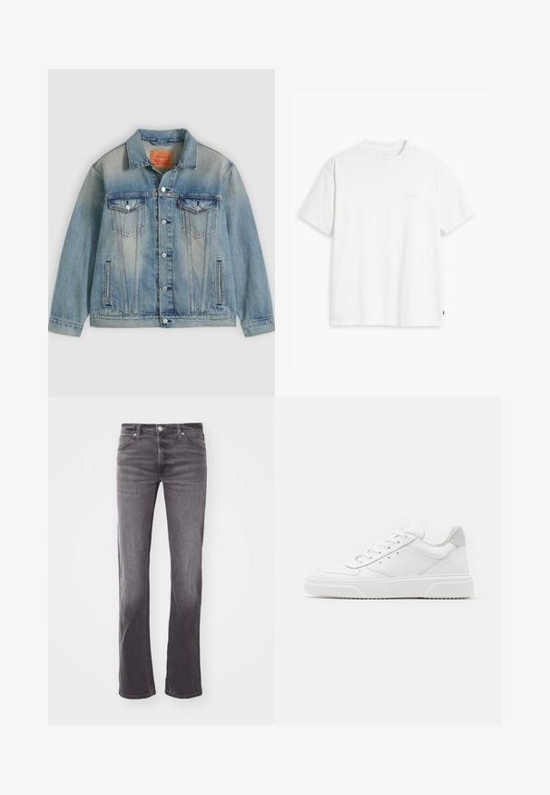 Hellblaue Jeansjacke mit Knopfleiste, zwei Brustklappentaschen und seitlichen Einschubtaschen, ausgestattet mit verwaschenem Waschungseffekt und klassischem Kragen.; Weißes Baumwoll-T-Shirt mit kurzen Ärmeln, rundem Ausschnitt und einem dezenten "Levi's"-Logo in heller Farbe auf der Vorderseite.; Nahaufnahme von schwarzen Denim-Jeans auf der Rückseite mit Lee-Lederpatch und kleinem Stofflabel, getragen mit einem in die Hose gesteckten weißen Hemd.; Weiße Leder-Sneaker mit glatter Oberfläche, rundem Zehenbereich, flachen Schnürsenkeln und strukturiertem Schuhsohlen. Graues Wildleder-Detail an der Ferse.