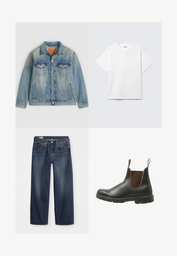 Chaqueta de mezclilla azul claro con cierre de botones, dos bolsillos con solapa en el pecho y bolsillos laterales con abertura, con lavado desgastado y cuello clásico.; Camiseta blanca de manga corta con cuello redondo, colocada plana, diseño liso, con etiqueta "WEEKDAY" en el interior del cuello sobre un fondo claro.; Jeans de mezclilla azul oscuro con corte recto, diseño de cinco bolsillos, cierre de botón metálico y cremallera, y patrones sutiles de desgaste.; Botín Chelsea hecho de cuero negro liso con paneles de elastano marrón en los laterales, costuras en contraste y una suela de goma texturizada.