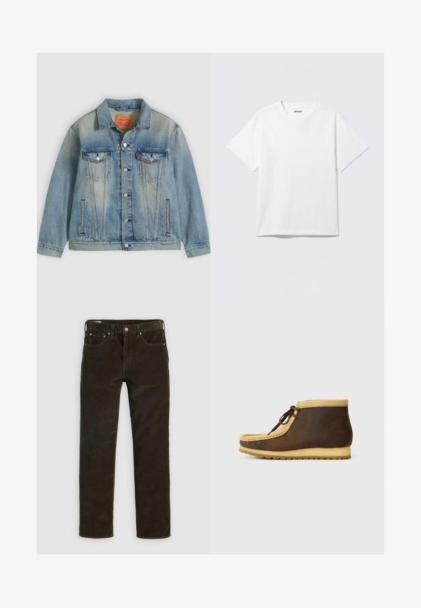 Hellblaue Jeansjacke mit Knopfleiste, zwei Brustklappentaschen und seitlichen Einschubtaschen, ausgestattet mit verwaschenem Waschungseffekt und klassischem Kragen.; Weißes T-Shirt mit kurzen Ärmeln und Rundhalsausschnitt, flach liegend, schlichtes Design, mit „WEEKDAY“-Etikett innen im Kragen auf hellem Hintergrund.; Braune Cordhosen mit geradem Bein, fünf Taschen, sichtbaren Nähten und einer strukturierten Stoffoberfläche. Metallknopfverschluss hinten.; Braune Leder-Stiefeletten mit einem Kragen aus hellbraunem Wildleder, runder Spitze und braunen Schnürsenkeln. Sie verfügen über eine strukturierte Gummisohle für guten Halt.