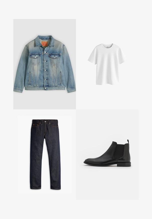 Hellblaue Jeansjacke mit Knopfleiste, zwei Brustklappentaschen und seitlichen Einschubtaschen, ausgestattet mit verwaschenem Waschungseffekt und klassischem Kragen.; Weißes Baumwoll-T-Shirt mit Rundhalsausschnitt, kurzen Ärmeln und legerer Passform. Ohne sichtbare Logos oder Muster. Glatte Textur.; Dunkelblaue Jeans aus Denim mit geradem Schnitt, fünf Taschen-Design, kupfernen Nieten, gelben Nähten und einem ausgeprägten strukturierten Stoff.; Schwarze Leder-Chelsea-Stiefel mit elastischen seitlichen Riemen, einer abgerundeten Kappe und einem niedrigen Absatz. Glatte Textur mit minimalistischer Gestaltung.