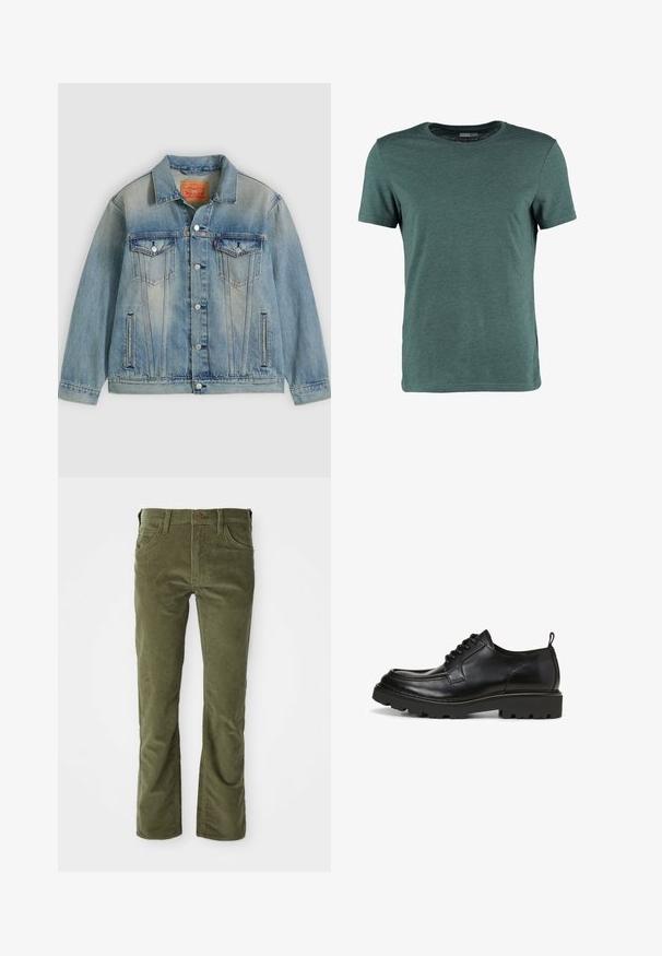 Lyseblå denimjakke med knaplukning foran, to brystlommer med klap og sidelommer med slidser, med falmet vask og klassisk krave.; Grøn kortærmet t-shirt lavet af bomuld, med rund hals og et enkelt, ensfarvet design uden synlige mønstre eller detaljer.; Olivengrønne fløjlsbukser med forlommer, bæltestropper, knaplukning og let udvidelse ved benåbningerne.; Sorte lædersko med rund tå, snørebåndsdesign, struktureret overdel og robust sål. Har en pull-tab ved hælen for nem påføring.