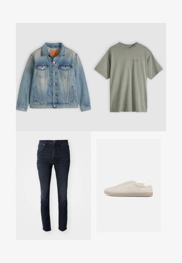 Lyseblå denimjakke med knaplukning foran, to brystlommer med klap og sidelommer med slidser, med falmet vask og klassisk krave.; Enkelt lysegrågrøn kortærmet T-shirt med rund hals og lille Levi's-logo på venstre bryst.; Mørkeblå denimjeans med lige ben, fem-lomme design og en subtil falmeeffekt på lårene, med metalknaplukning.; Beige ruskindssneaker med en tekstureret overdel, glat hvid hælkappe, tynde snørebånd og en gummi-ydersål. Har et lavt profil design.