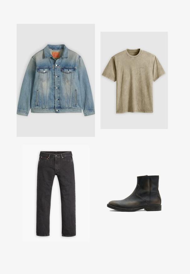 Lyseblå denimjakke med knaplukning foran, to brystlommer med klap og sidelommer med slidser, med falmet vask og klassisk krave.; Lysbrun, kortærmet t-shirt med rund hals, lavet af blødt stof. Har et lille, broderet logo på brystet.; Sorte straight-leg denim jeans med fem lommer, knaplukning og copper nitter liggende fladt på en hvid baggrund.; AllSaints LANG - Støvletter - brown