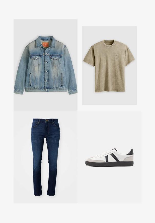 Lyseblå denimjakke med knaplukning foran, to brystlommer med klap og sidelommer med slidser, med falmet vask og klassisk krave.; Lysbrun, kortærmet t-shirt med rund hals, lavet af blødt stof. Har et lille, broderet logo på brystet.; Mørkeblå denimjeans med en klassisk straight-leg pasform, der har en knaplukning og fem lommer. Stoffet har en glat tekstur.; Hvide sneakers med sorte og grå detaljer, med en tekstureret grå tåhætte, sort gummisål og flade hvide snørebånd. Rent design, minimalistisk stil.