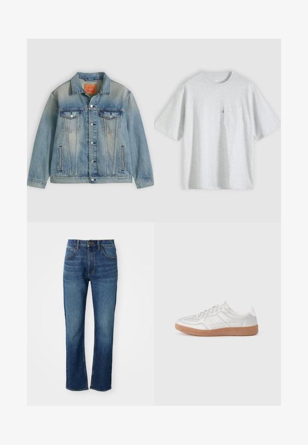 Lyseblå denimjakke med knaplukning foran, to brystlommer med klap og sidelommer med slidser, med falmet vask og klassisk krave.; Lysegrå T-shirt med korte ærmer, rund hals og en lille brystlomme på venstre side med en rød label.; Blå denim jeans med lige ben-design, der har fem lommer, en knaplukning og kontrasterende gule syninger. Glat tekstur.; Sølv sneakers med en glat overflade, snørebånd, perforerede detaljer og en struktureret brun gummi sål.