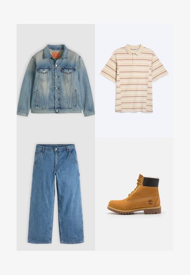 Hellblaue Jeansjacke mit Knopfleiste, zwei Brustklappentaschen und seitlichen Einschubtaschen, ausgestattet mit verwaschenem Waschungseffekt und klassischem Kragen.; Beiges kurzärmliges Poloshirt mit dünnen weißen und dunkelroten horizontalen Streifen und einem geknöpften Kragen.; Blaue Jeans mit weitem Bein und dünnen weißen vertikalen Nadelstreifen, Vordertaschen, Gürtelschlaufen und einem Knopfverschluss in der Taille.; Braune Leder-Ankle-Boots mit Metallösen, weißem Kunstfellfutter, schwarzem gepolstertem Kragen, robustem Sohlenprofil und geprägtem Logo an der Seite.