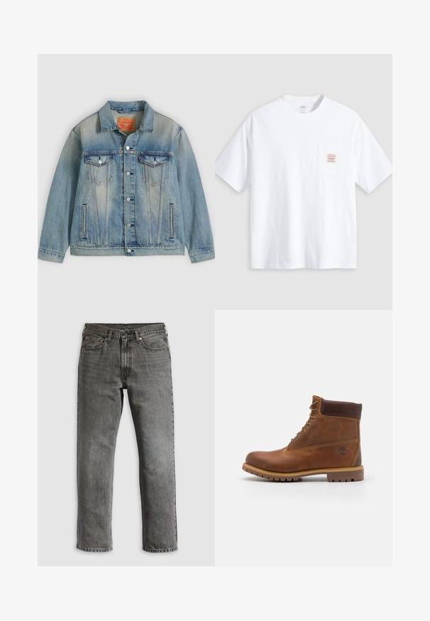 Hellblaue Jeansjacke mit Knopfleiste, zwei Brustklappentaschen und seitlichen Einschubtaschen, ausgestattet mit verwaschenem Waschungseffekt und klassischem Kragen.; Weißes T-Shirt mit kurzen Ärmeln und Rundhalsausschnitt sowie einer kleinen Brusttasche vorne mit einem beige-roten rechteckigen Label.; Graue Jeans aus Denim mit geradem Bein, ausgestattet mit fünf Taschen, kupfernen Nieten und sichtbaren Nähten. Klassisches Design mit Reißverschluss.; Braune Lederwanderschuhe mit glatter Oberfläche, gepolstertem Knöchel, Metallösen und einer Gummisohle mit robustem Profil.