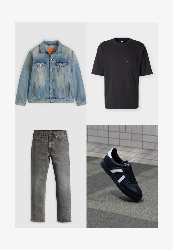Hellblaue Jeansjacke mit Knopfleiste, zwei Brustklappentaschen und seitlichen Einschubtaschen, ausgestattet mit verwaschenem Waschungseffekt und klassischem Kragen.; Schwarzes T-Shirt mit kurzem Arm, Rundhalsausschnitt und Brusttasche mit kleinem rotem Levi's-Logo-Tab an der Tasche vor einfachem hellem Hintergrund.; Graue Jeans aus Denim mit geradem Bein, ausgestattet mit fünf Taschen, kupfernen Nieten und sichtbaren Nähten. Klassisches Design mit Reißverschluss.; Schwarze Leder-Sneaker mit weißen Streifen, strukturiertem Gummisohle und Schnürung. Verfügt über ein Markenetikett auf der Zunge.