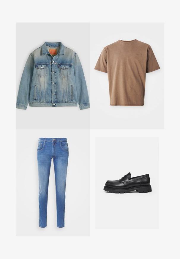 Lyseblå denimjakke med knaplukning foran, to brystlommer med klap og sidelommer med slidser, med falmet vask og klassisk krave.; Brun bomulds t-shirt med rund hals, korte ærmer og et diskret broderet logo på venstre brystområde. Glat tekstur, afslappet pasform.; Blå denimjeans med slim fit. Har fem lommer, lukning med knap foran og let falming på benene. Lige benudskæring.; Sort læderloafer med tyk rillede sål og penny-remdetalje, vist i højre sideprofil på hvid baggrund.