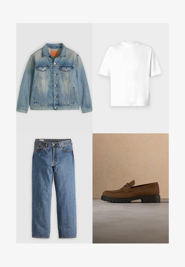Chaqueta de mezclilla azul claro con cierre de botones, dos bolsillos con solapa en el pecho y bolsillos laterales con abertura, con lavado desgastado y cuello clásico.; Camiseta blanca de manga corta hecha de algodón suave, con cuello redondo y un ajuste relajado, sin estampados ni gráficos. Textura suave.; Jeans de mezclilla azul con un corte recto, que cuentan con una cintura alta, remaches de cobre y costuras naranjas. Incluyen bolsillos delanteros y traseros.; Mocasín de cuero marrón oscuro con suela gruesa de goma negra, mostrado sobre una alfombra beige y fondo de sofá.