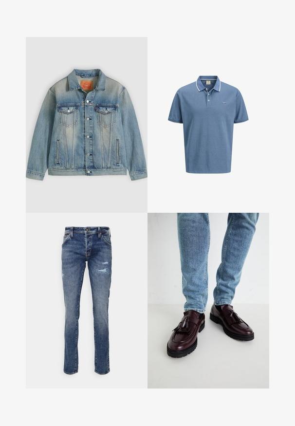 Lyseblå denimjakke med knaplukning foran, to brystlommer med klap og sidelommer med slidser, med falmet vask og klassisk krave.; Lysblå polo skjorte med en to-knaps klap, kontrasterende hvid krave og ærmekant, lavet af blødt, struktureret stof.; Blå denim jeans med lige pasform, der har let slid og frynser ved knæene. Klassisk fem-lomme design, lynlåslukning.; Bordeaux læder loafers med kvaster og en tekstureret overdel, parret med lyseblå denimjeans. Sort gummisål synlig.