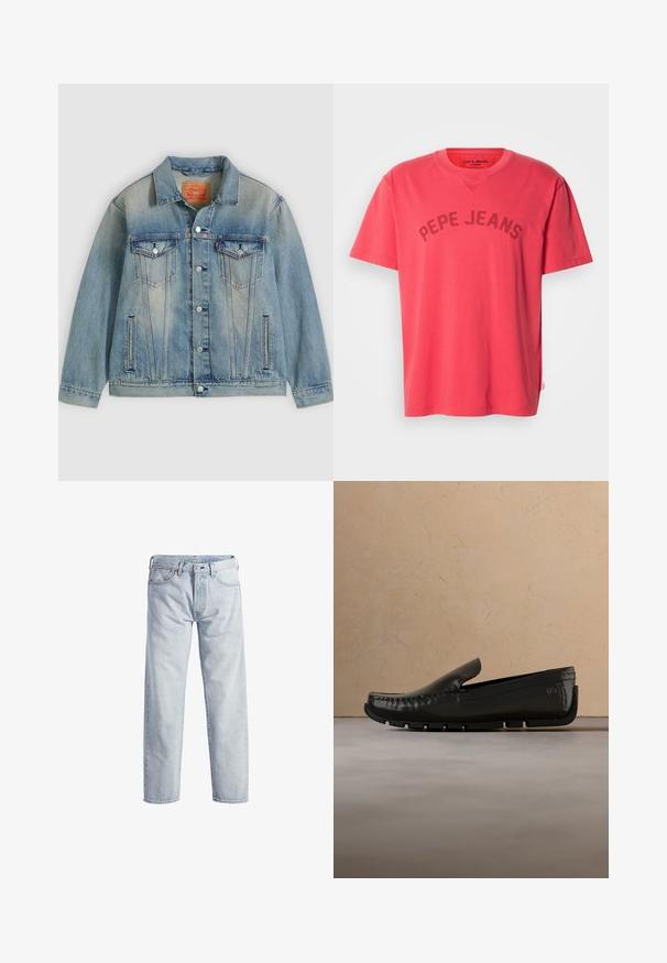 Hellblaue Jeansjacke mit Knopfleiste, zwei Brustklappentaschen und seitlichen Einschubtaschen, ausgestattet mit verwaschenem Waschungseffekt und klassischem Kragen.; Korallenfarbenes Baumwoll-T-Shirt mit kurzen Ärmeln und Rundhalsausschnitt. Mit dem Schriftzug "PEPE JEANS" in dunklen Buchstaben auf der Brust.; Hellblaue Denim-Jeans mit geradem Bein, Knopfleiste, fünf Taschen und subtilen Verwaschungen. Mit metallischen Hardware-Details ausgestattet.; Schwarzer Leder-Slipper mit strukturierter Sohle, schwebend über beigem Teppich und passender Polstermöbel in sanfter Beleuchtung.
