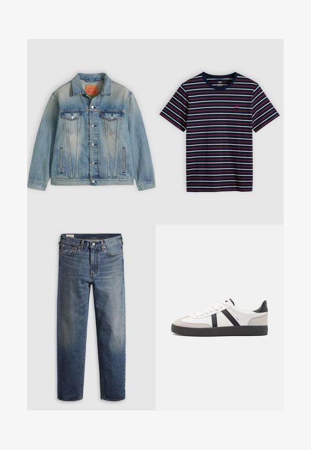 Hellblaue Jeansjacke mit Knopfleiste, zwei Brustklappentaschen und seitlichen Einschubtaschen, ausgestattet mit verwaschenem Waschungseffekt und klassischem Kragen.; Marineblaue T-Shirts mit weißen und roten horizontalen Streifen und einem kleinen roten Levi's-Logo auf der Brust.; Dunkelblaue Jeans aus Denim mit lockerem Sitz, geraden Beinen, Fünf-Taschen-Design und dezentem Used-Look an den Oberschenkeln. Silberner Knopf und Nieten.; Weiße Sneaker mit schwarz- und grau-aczenten, ausgestattet mit einer strukturierten grauen Zehenkappe, schwarzer Gummi-Sohle und flachen weißen Schnürsenkeln. Sauberes Design, minimalistische Stil.
