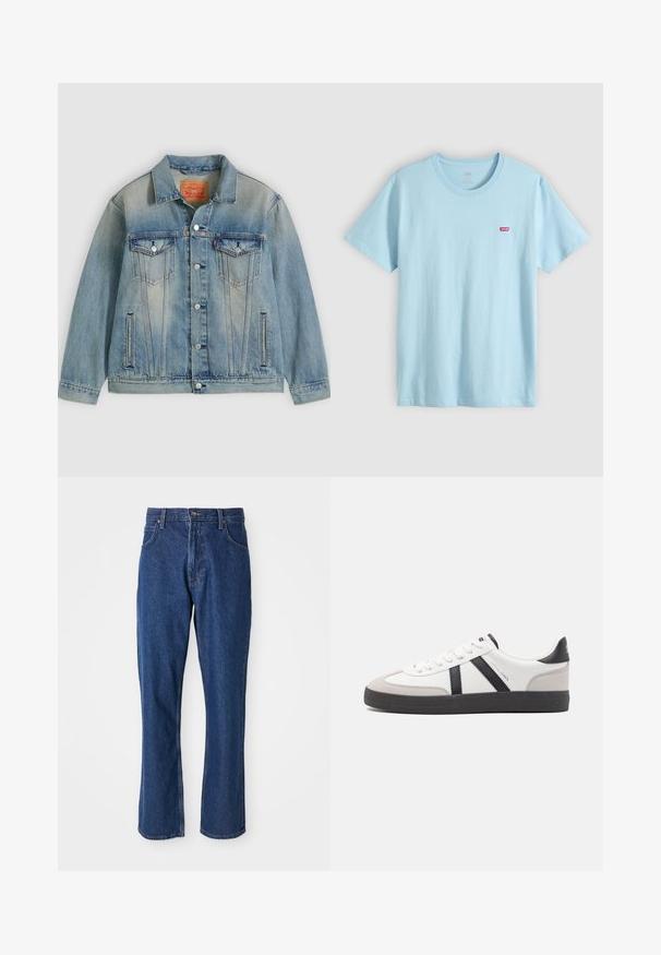 Lyseblå denimjakke med knaplukning foran, to brystlommer med klap og sidelommer med slidser, med falmet vask og klassisk krave.; Lyseblå T-shirt med korte ærmer og rund halsudskæring med lille rødt Levi's-logo på venstre bryst.; Blå denimjeans med lige ben-design, fem-lomme stil og en robust talje med metalknaplukning.; Hvide sneakers med sorte og grå detaljer, med en tekstureret grå tåhætte, sort gummisål og flade hvide snørebånd. Rent design, minimalistisk stil.