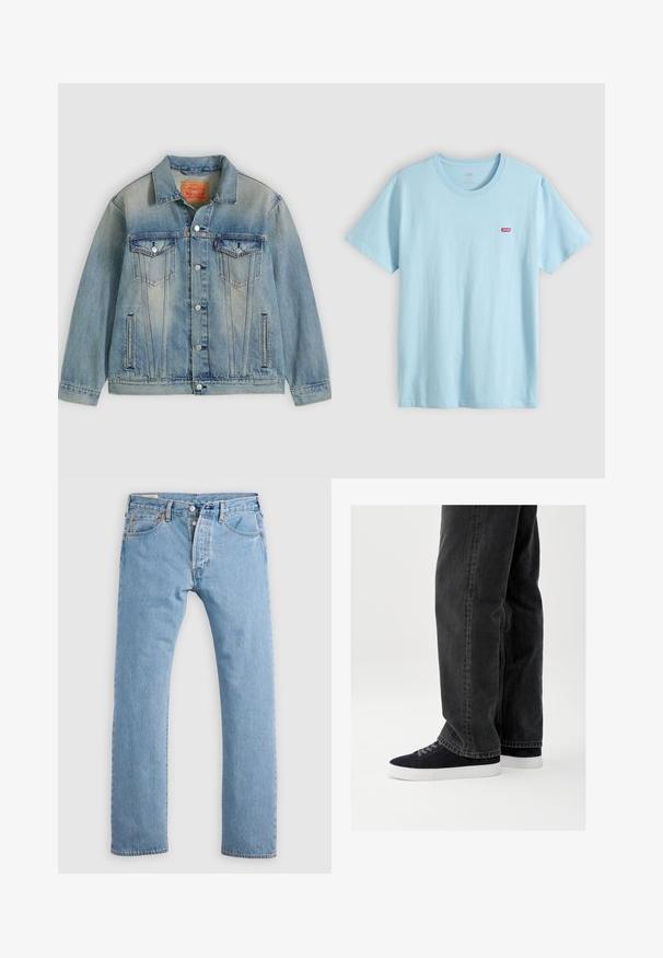 Hellblaue Jeansjacke mit Knopfleiste, zwei Brustklappentaschen und seitlichen Einschubtaschen, ausgestattet mit verwaschenem Waschungseffekt und klassischem Kragen.; Hellblaues T-Shirt mit kurzen Ärmeln und Rundhalsausschnitt mit kleinem rotem Levi's-Logo auf der linken Brust.; Hellblaue gerade geschnittene Jeans aus Denim mit Knopfverschluss, Gürtelschlaufen sowie Vorder- und Hintertaschen, auf einem weißen Hintergrund präsentiert.; Schwarze Jeans aus Denim mit lockerem Schnitt, kombiniert mit marineblauen Wildleder-Sneakern mit weißen Gummisohlen und schwarzen Schnürsenkeln. Einfaches und modernes Design.