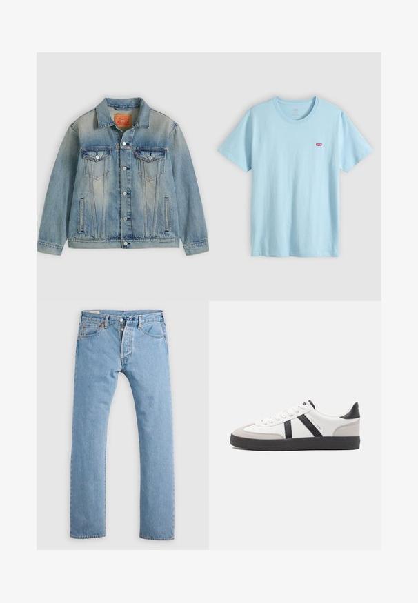 Lyseblå denimjakke med knaplukning foran, to brystlommer med klap og sidelommer med slidser, med falmet vask og klassisk krave.; Lyseblå T-shirt med korte ærmer og rund halsudskæring med lille rødt Levi's-logo på venstre bryst.; Lys blå lige ben denim jeans med knaplukning, bæltestropper og for- og baglommer, vist på en hvid baggrund.; Hvide sneakers med sorte og grå detaljer, med en tekstureret grå tåhætte, sort gummisål og flade hvide snørebånd. Rent design, minimalistisk stil.
