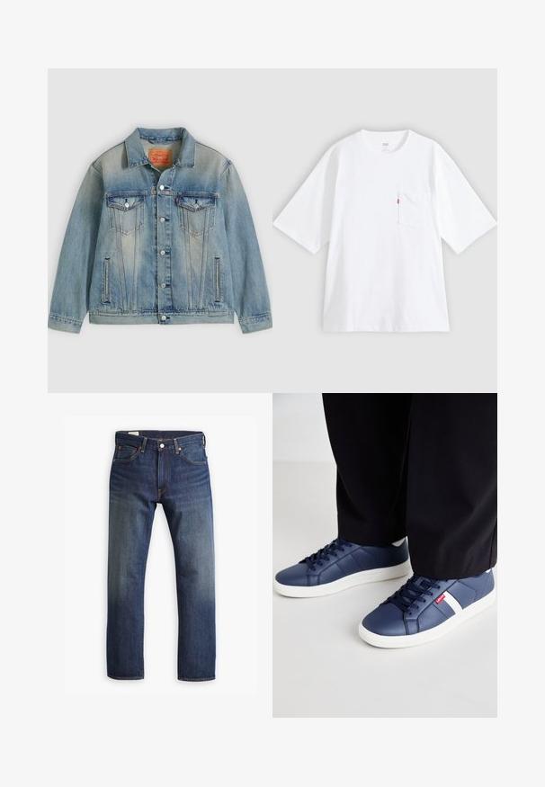 Veste en denim bleu clair avec fermeture bouton, deux poches à rabat sur la poitrine et poches latérales fendues, présentant un délavage et un col classique.; T-shirt en coton blanc à manches courtes, col rond et poche poitrine gauche. Comprend une petite étiquette logo rouge sur la poche.; Jean en denim bleu foncé avec une coupe droite, présentant un style classique à cinq poches, une fermeture à bouton en métal et des accents de couture visibles.; Baskets bleu marine en matériau synthétique lisse, avec des accents blancs et une semelle en caoutchouc texturé. Lacets et logo visibles.