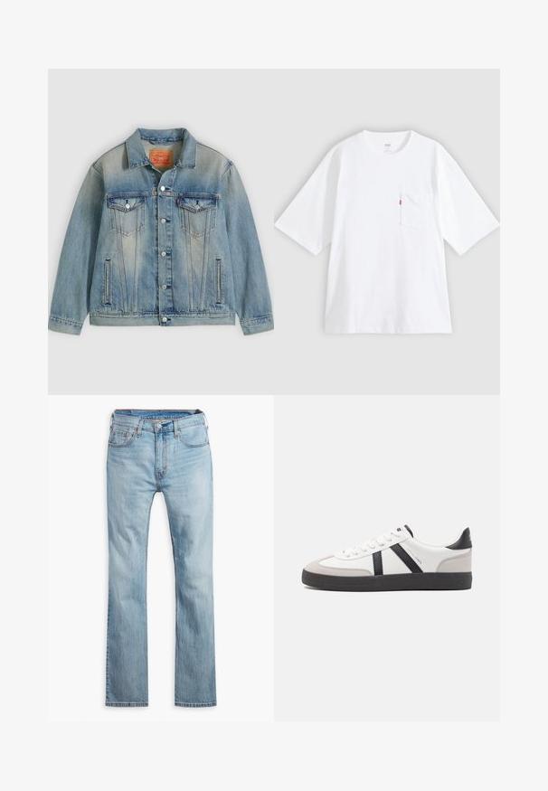 Hellblaue Jeansjacke mit Knopfleiste, zwei Brustklappentaschen und seitlichen Einschubtaschen, ausgestattet mit verwaschenem Waschungseffekt und klassischem Kragen.; Weißes Baumwoll-T-Shirt mit kurzen Ärmeln, rundem Ausschnitt und Brusttasche auf der linken Seite. Mit kleinem rotem Logotag an der Tasche.; Hellblaue Jeans aus Denim, mit geradem Bein, fünf Taschen, kontrastierenden Nähten und einem Knopfverschluss am Bund.; Weiße Sneaker mit schwarz- und grau-aczenten, ausgestattet mit einer strukturierten grauen Zehenkappe, schwarzer Gummi-Sohle und flachen weißen Schnürsenkeln. Sauberes Design, minimalistische Stil.