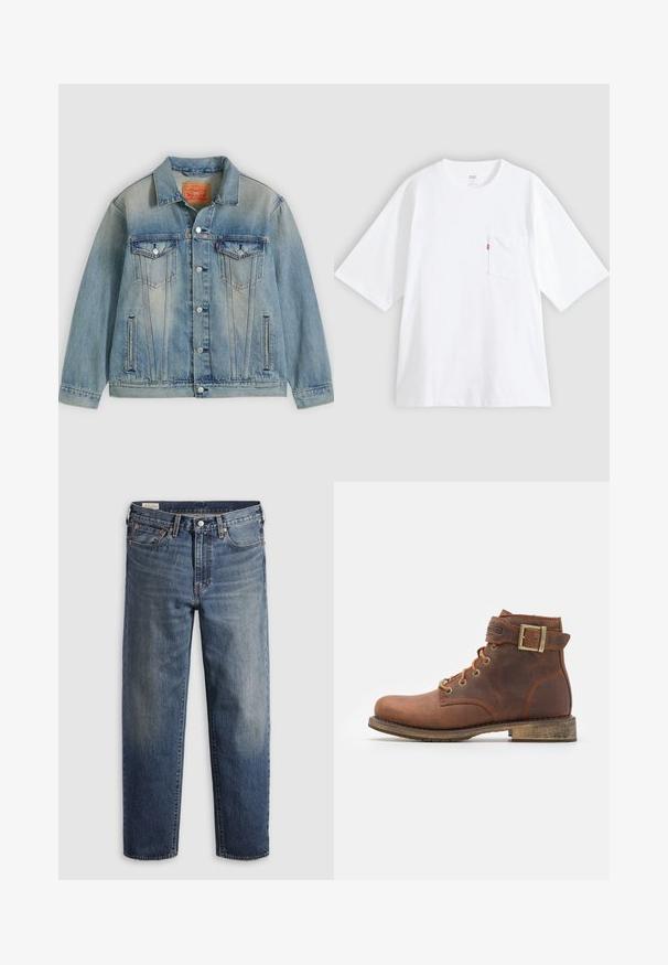 Hellblaue Jeansjacke mit Knopfleiste, zwei Brustklappentaschen und seitlichen Einschubtaschen, ausgestattet mit verwaschenem Waschungseffekt und klassischem Kragen.; Weißes Baumwoll-T-Shirt mit kurzen Ärmeln, rundem Ausschnitt und Brusttasche auf der linken Seite. Mit kleinem rotem Logotag an der Tasche.; Dunkelblaue Jeans aus Denim mit lockerem Sitz, geraden Beinen, Fünf-Taschen-Design und dezentem Used-Look an den Oberschenkeln. Silberner Knopf und Nieten.; Harley Davidson VNTGMOTO SHORT RIDING APPROVED - Cowboy-/Bikerstiefelette - brown