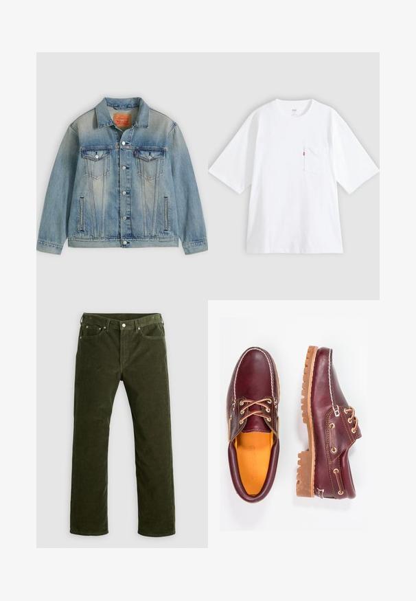 Veste en denim bleu clair avec fermeture bouton, deux poches à rabat sur la poitrine et poches latérales fendues, présentant un délavage et un col classique.; T-shirt en coton blanc à manches courtes, col rond et poche poitrine gauche. Comprend une petite étiquette logo rouge sur la poche.; Pantalons en velours côtelé vert olive à jambe droite avec bouton avant, fermeture éclair, passants de ceinture et design à cinq poches sur fond blanc.; Chaussures en cuir bourgogne avec semelles en caoutchouc marron, bout rond, couture blanche et œillets dorés. L'intérieur présente une doublure jaune.