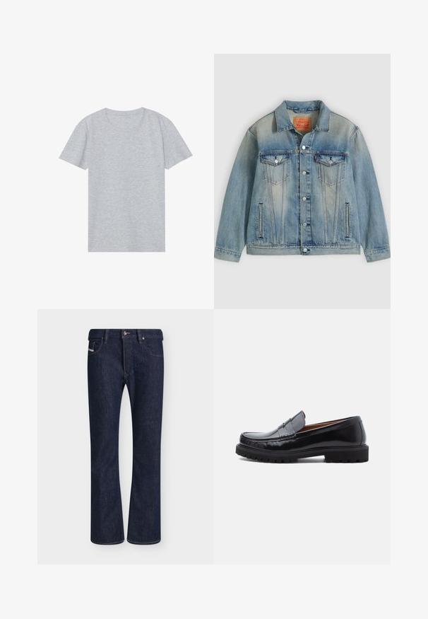 Veste en denim bleu clair avec fermeture bouton, deux poches à rabat sur la poitrine et poches latérales fendues, présentant un délavage et un col classique.; T-shirt gris à manches courtes en mélange de coton doux, avec un col rond classique et une texture lisse et légère.; Jean bleu foncé, coupe droite, avec poches avant, passants de ceinture et fermeture par bouton sur fond uni.; Mocassin penny en cuir noir avec semelle en caoutchouc épaisse et couture moc toe, montré de profil sur un fond blanc.