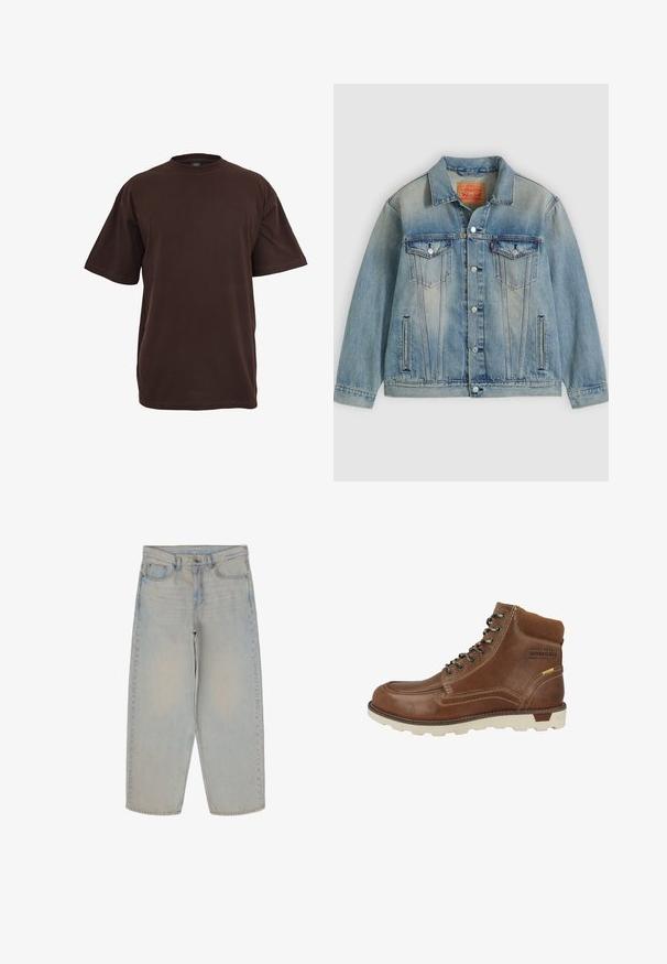 Hellblaue Jeansjacke mit Knopfleiste, zwei Brustklappentaschen und seitlichen Einschubtaschen, ausgestattet mit verwaschenem Waschungseffekt und klassischem Kragen.; Braunes Baumwoll-T-Shirt mit kurzen Ärmeln, Rundhalsausschnitt und lockerer Passform. Glatte Textur ohne sichtbare Muster oder Akzente.; Hellblaue Jeans aus Denim mit lässigem Schnitt, hoher Taille, Fronttaschen und sichtbaren Nähten. Gerades Bein Design ohne Verzierungen.; Braune Lederwanderstiefel mit gepolstertem Kragen, Metallösen, weißer Gummisohle und kontrastierenden Nähten. Der Text an der Seite lautet "FÜR TÄGLICHE ABENTEUER GEMACHT."