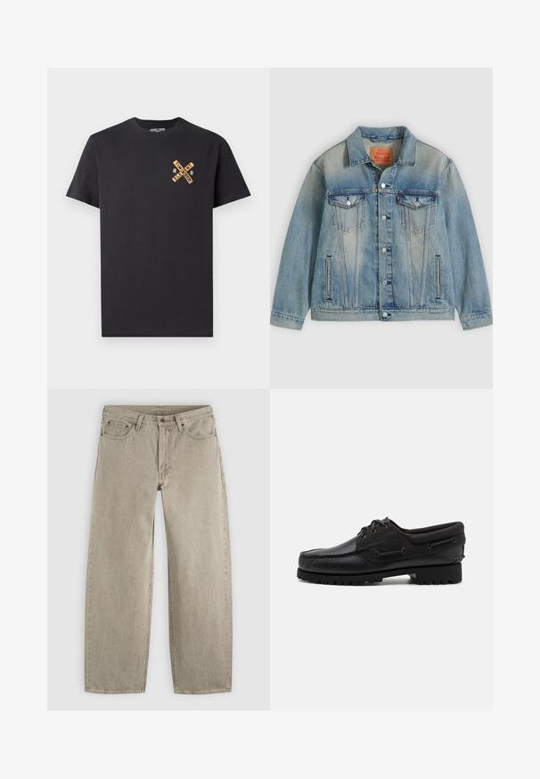 Hellblaue Jeansjacke mit Knopfleiste, zwei Brustklappentaschen und seitlichen Einschubtaschen, ausgestattet mit verwaschenem Waschungseffekt und klassischem Kragen.; Schwarzes Baumwoll-T-Shirt mit einem grafischen Design in Orange, das die Worte "ELEMENT" und "REMEMBER" in einem Kreuzmuster auf der Brust zeigt.; Beige Jeans mit geradem Bein aus Denim, mit Vordertaschen, Gürtelschlaufen, Knopfverschluss und sichtbaren Nähten auf einem einfarbigen hellen Hintergrund.; Schwarzer Schuh mit einem Obermaterial aus Leder, textilen Akzenten, runden Schnürsenkeln und einer strukturierten Gummisohle. Verfügt über Mokassin-Nähte und eine Markeninschrift.