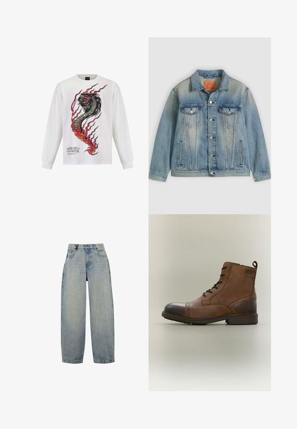Lyseblå denimjakke med knaplukning foran, to brystlommer med klap og sidelommer med slidser, med falmet vask og klassisk krave.; Langærmet hvid skjorte med et farverigt slangemotiv med flammer og detaljeret udsmykning, mærket med "Don Ed Hardy designs."; Lysblå denimjeans med en afslappet pasform, der har høj talje, brede ben, klassisk femlomme-design og metalhardware.; Brun læderstøvle med snørebånd, sort tåhætte, rund sål og mærket detalje på siden mod ensfarvet baggrund.