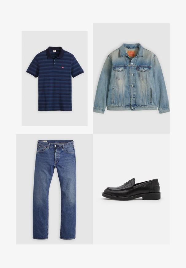 Hellblaue Jeansjacke mit Knopfleiste, zwei Brustklappentaschen und seitlichen Einschubtaschen, ausgestattet mit verwaschenem Waschungseffekt und klassischem Kragen.; Navyblaues Polohemd mit horizontalen Streifen, kurzen Ärmeln, Kragen und einer Drei-Knopf-Leiste. Es hat ein kleines Logo auf der Brust.; Blaue Denim-Jeans mit geradem Bein, klassischem Fünf-Taschen-Design und Knopfleiste auf einfarbigem Hintergrund.; Schwarze Lederloafer mit abgerundetem Zeh, farblich abgestimmtem Nähen und einem Riemendetail an der Vorderseite. Gummi-Sohle mit niedrigem Absatz.