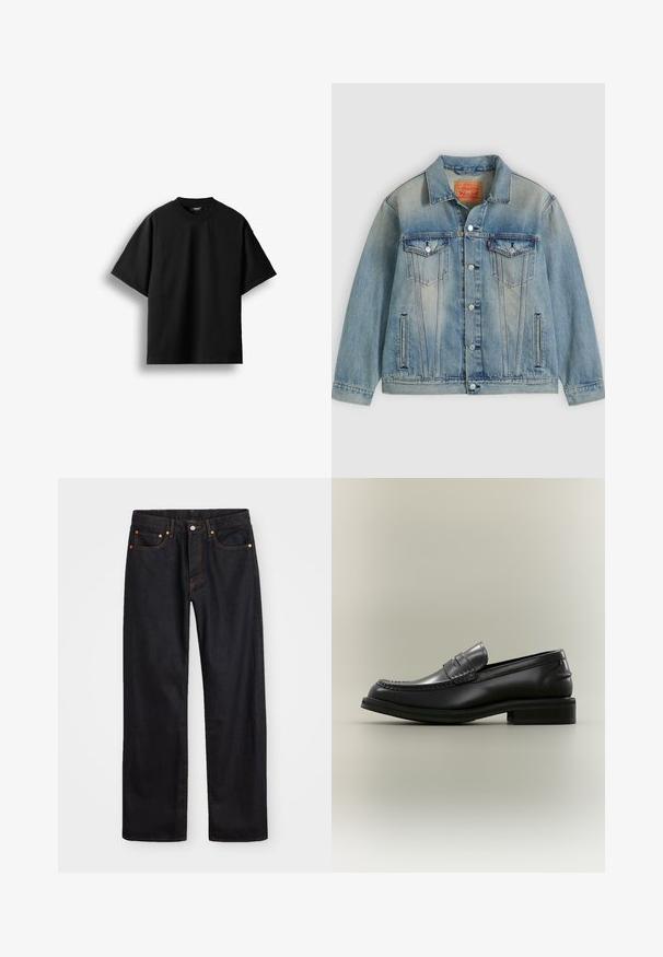 Veste en denim bleu clair avec fermeture bouton, deux poches à rabat sur la poitrine et poches latérales fendues, présentant un délavage et un col classique.; T-shirt noir à manches courtes et col rond, présenté à plat sur un fond blanc avec une petite étiquette visible au niveau du col.; Jean en denim noir pour hommes, coupe droite, avec cinq poches et surpiqûres orange, fermeture par bouton et zip à la taille avant.; Mocassin penny en cuir noir avec un détail cousu et un petit talon empilé présenté sur un fond clair uni.
