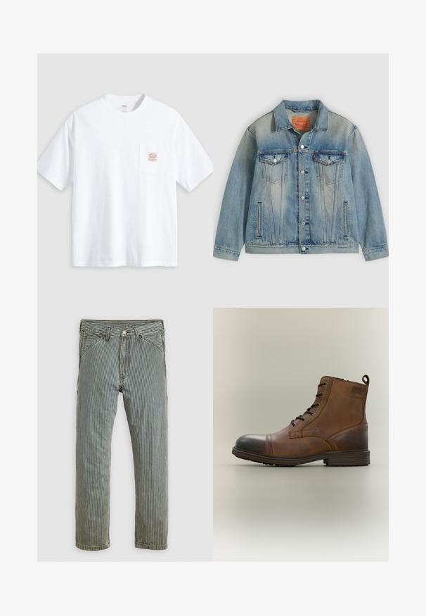 Hellblaue Jeansjacke mit Knopfleiste, zwei Brustklappentaschen und seitlichen Einschubtaschen, ausgestattet mit verwaschenem Waschungseffekt und klassischem Kragen.; Weißes T-Shirt mit kurzen Ärmeln und Rundhalsausschnitt sowie einer kleinen Brusttasche vorne mit einem beige-roten rechteckigen Label.; Schwarz-weiße gestreifte gerade Hosen mit Fronttaschen und Gürtelschlaufen, flach auf einem hellen Hintergrund präsentiert.; Brauner Leder-Schnürstiefel bis zum Knöchel mit schwarzer Zehenkappe, runder Sohle und Markenlabel an der Seite vor schlichtem Hintergrund.