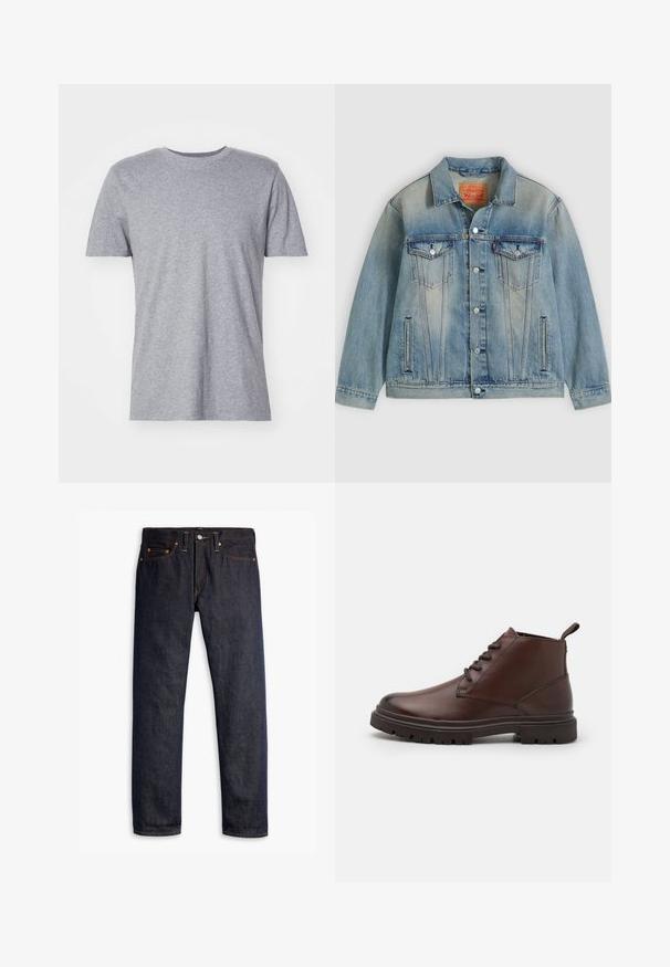Lyseblå denimjakke med knaplukning foran, to brystlommer med klap og sidelommer med slidser, med falmet vask og klassisk krave.; Grå, kortærmet t-shirt lavet af en bomuldsblanding, der har en klassisk crew neckline og en glat, blød tekstur.; Mørkeblå denimjeans med lige pasform, fem-lomme design, kobbernitter, gul syning og et markant struktureret stof.; Zign by Zalando Snørestøvletter - dark brown