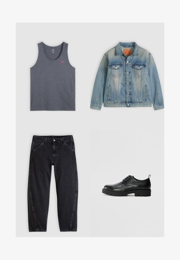 Veste en denim bleu clair avec fermeture bouton, deux poches à rabat sur la poitrine et poches latérales fendues, présentant un délavage et un col classique.; Débardeur gris en coton avec un col rond, un design sans manches et un petit logo rouge Levi's sur la poitrine gauche. Texture unie.; Jean en denim noir à coupe ample, doté d'une ceinture standard, d'un design à cinq poches et de surpiqûres contrastantes le long des coutures.; Chaussure en cuir noir à bout arrondi, présentant un design à lacets, une semelle en caoutchouc noire robuste et un petit onglet de talon à l'arrière.