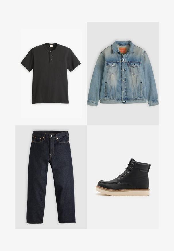 Hellblaue Jeansjacke mit Knopfleiste, zwei Brustklappentaschen und seitlichen Einschubtaschen, ausgestattet mit verwaschenem Waschungseffekt und klassischem Kragen.; Schwarzes Kurzarm-Polohemd aus Baumwolle, mit einer Knopfleiste mit drei Knöpfen und einem kleinen Logo auf der linken Brust.; Dunkelblaue Jeans aus Denim mit geradem Schnitt, fünf Taschen, kontrastierenden orangen Nähten und einem Knopfverschluss. Keine sichtbaren Muster oder Verzierungen.; Schwarzer Lederstiefel mit beige gummierter Sohle, runder Zehenform und Schnürdesign. Mit Steppnähten und Branding an der Seite.