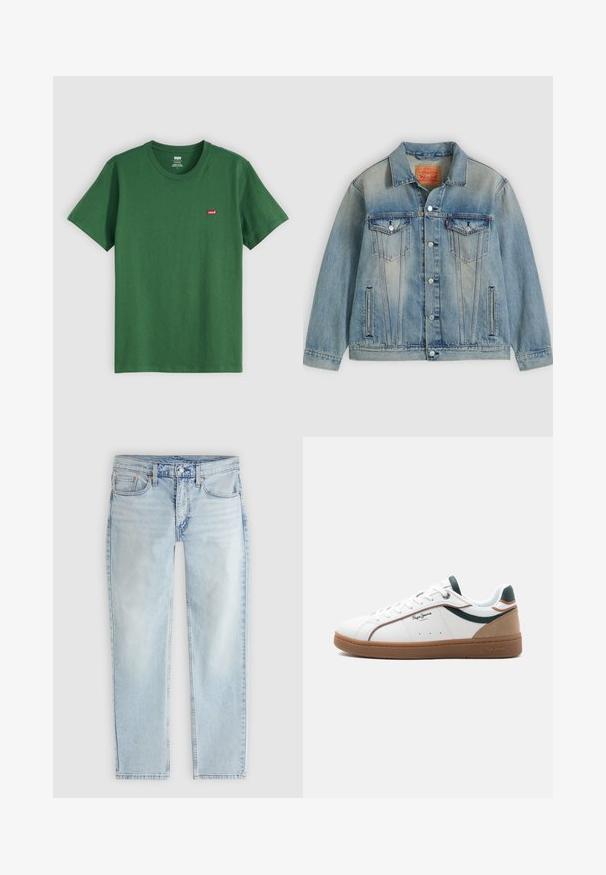 Lyseblå denimjakke med knaplukning foran, to brystlommer med klap og sidelommer med slidser, med falmet vask og klassisk krave.; Grøn bomulds t-shirt med rund hals, korte ærmer og et lille rødt Levi's-logo på venstre bryst. Blød tekstur, standard pasform.; Lyseblå jeans med lige ben, frontlås med knap og lynlås, lommer foran og bagpå samt synlige sømdetaljer.; Hvid lavtop sneaker med brun sål, grønne og beige accenter, hvide snørebånd og "Pepe Jeans London"-logo på siden.