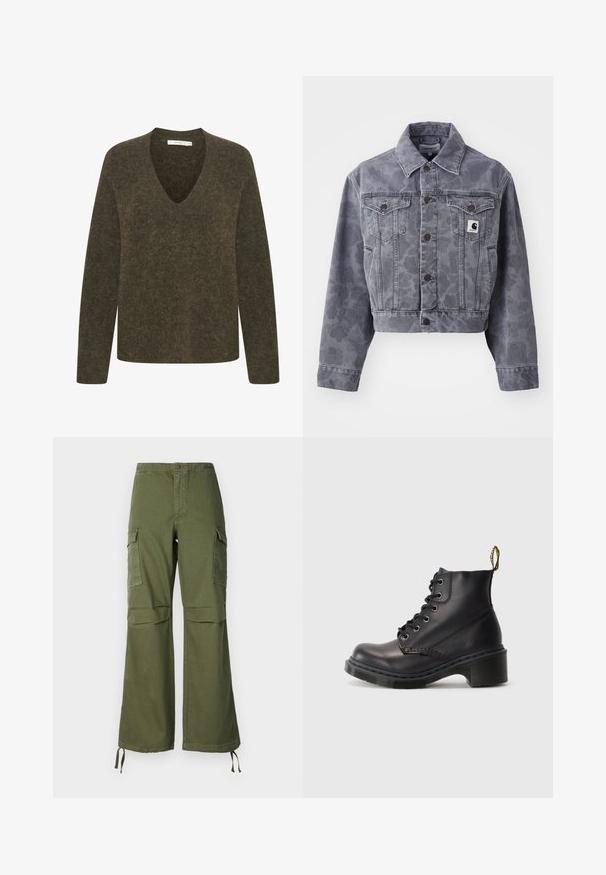 Veste en denim grise, coupée, avec un motif subtil, fermeture boutonnée à l'avant, col pointu et deux poches poitrine avec un patch logo.; Pull à manches longues vert olive avec un décolleté en V. Tissu doux et texturé avec une coupe légèrement décontractée et des détails de couture minimaux.; Pantalons cargo en coton vert olive, avec une coupe évasée, deux poches latérales et des liens ajustables à l'ourlet.; Bottines en cuir noir avec un bout arrondi, un design à lacets et un talon en caoutchouc texturé. Dispose d'une boucle jaune à l'arrière pour un enfilage facile.