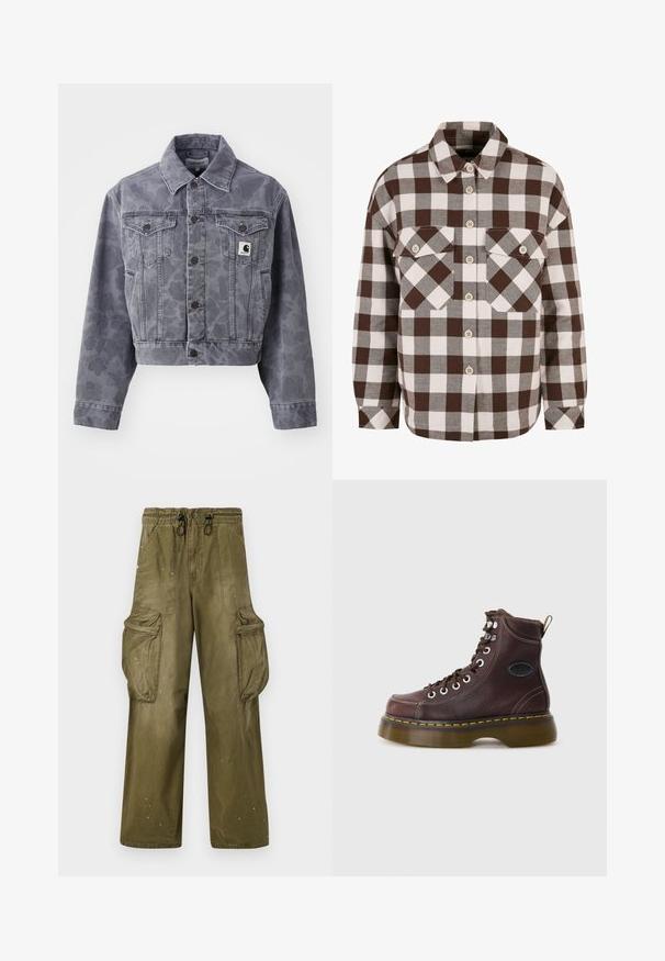 Afskåret grå denimjakke med et subtilt mønster, knaplukning foran, spids krave og to brystlommer med et logo patch.; Brun og hvid plaid knap-op skjorte med to brystlommer, der har en klassisk krave og knap-ned foran. Blød stofstruktur.; Olivengrønne cargobukser med en afslappet pasform, elastisk talje, snøre, to sidelommer og to store cargolommer. Let slid.; Brun læder ankelstøvle med tekstureret overflade, sølv øjer og gul syning. Har en kraftig gennemsigtig sål og en trækstrop.