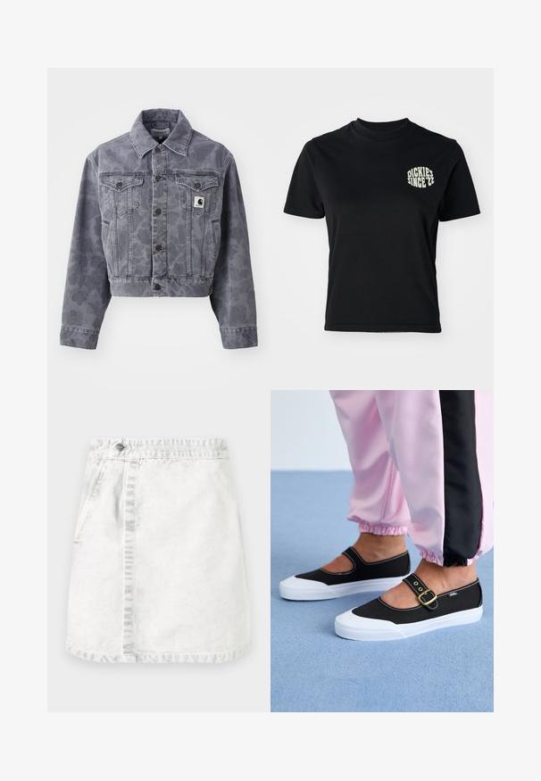 Korte grijze denimjack met een subtiel patroon, gedeeltelijk knopen aan de voorkant, puntige kraag en twee borstzakken met een logo patch.; Zwarte katoenen t-shirt met ronde hals en korte mouwen; heeft een lichtgroaf grafisch ontwerp "DICKIES SINCE '22" op de linkerkant van de borst.; Denimrok in lichtgrijs. A-lijn ontwerp met voorzakken, een zichtbare naad in het midden en een enkele metalen knop op de tailleband.; Zwarte canvas schoenen met een witte zool, met een uitgesneden ontwerp en een gouden gespband. Draagt met roze joggingsbroek.